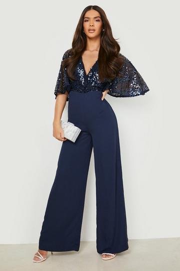 Navy Sequin Flared Sleeve Wide Leg Jumpsuit