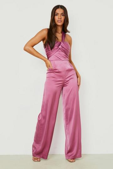 Satin Knot One Shoulder Wide Leg Jumpsuit mauve