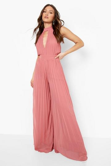 Pleated Cut Out High Neck Wide Leg Jumpsuit rose