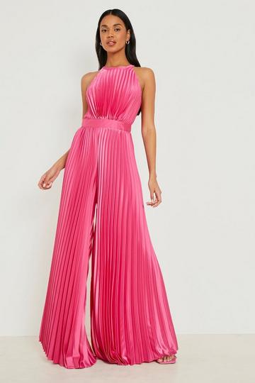 Pleated High Neck Wide Leg Jumpsuit hot pink