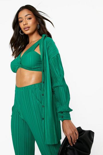 Green Plisse Oversized Shirt And Twist Bralet Set