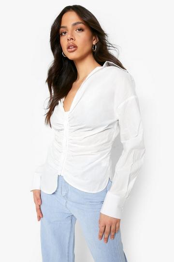 White Ruched Button Up Shirt