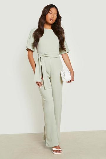 Green Petite Wide Leg Belted Tailored Jumpsuit
