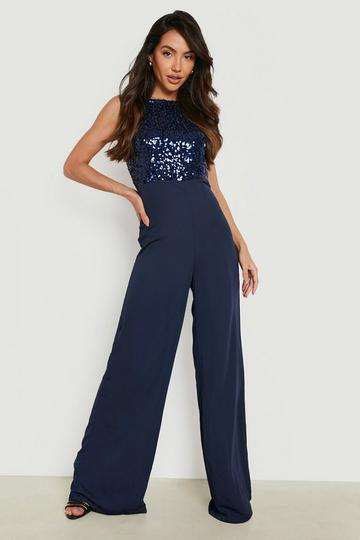 Sequin High Neck Culotte Jumpsuit navy
