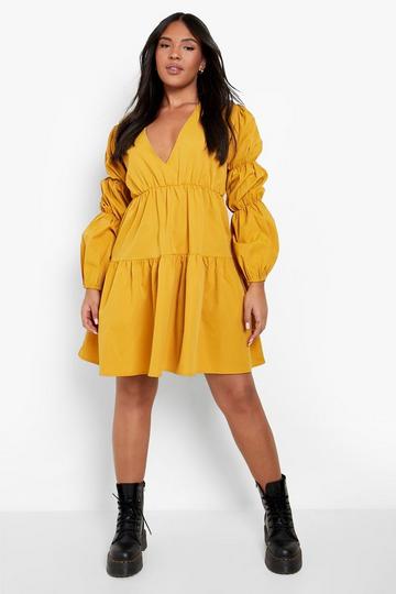 Plus Woven Tiered V Neck Smock Dress mustard