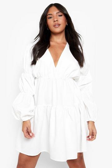 White Plus Woven Tiered V Neck Smock Dress