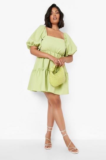 Plus Square Neck Puff Sleeve Smock Dress lime