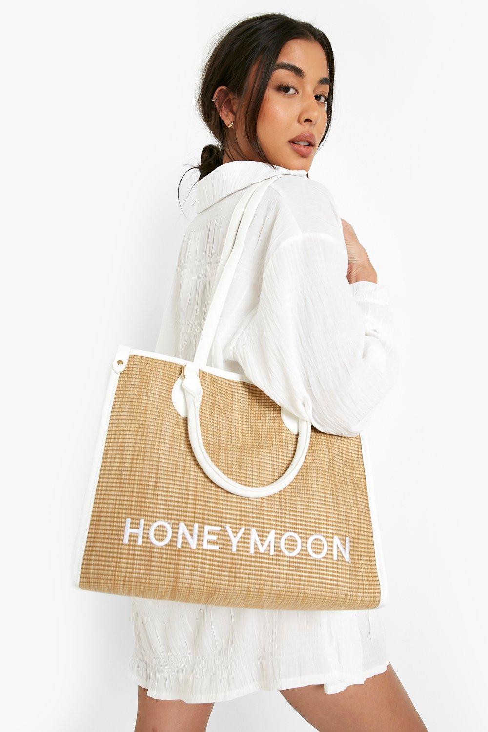 Honey Moon Pom Pom Large Straw Beach Bag Boohoo UK