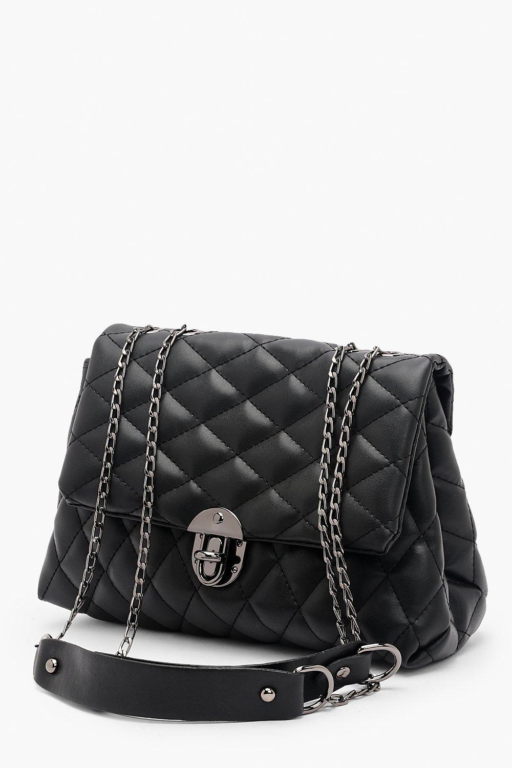 Black handbag with silver chain outlet strap