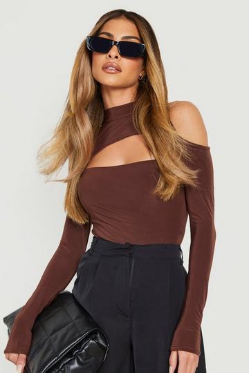 Double Layer Cut Out Cold Shoulder Bodysuit chocolate