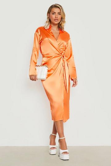 Orange Satin Wrap Midaxi Shirt Dress