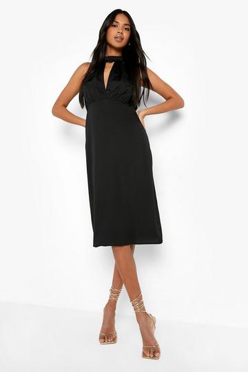 Black Satin Halterneck Midi Skater Dress