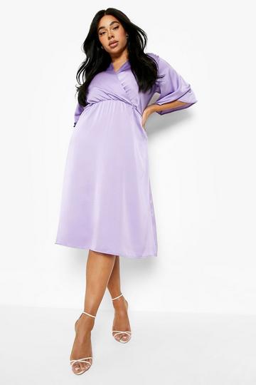 Lilac Purple Plus Satin Angel Sleeve Wrap Skater Dress