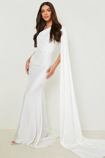 White Satin Asymmetric Drape Fishtail Maxi Dress