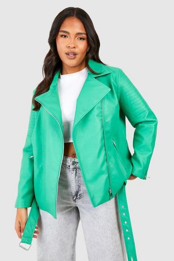 Plus Belted Faux Leather Pu Moto Jacket green
