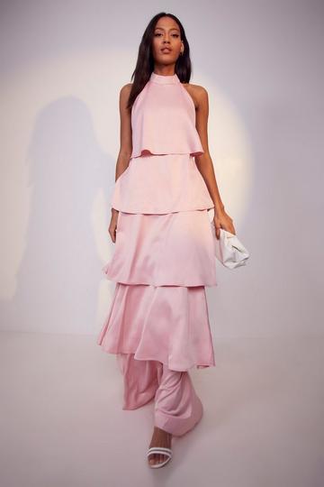 Pink Tall Tired Satin Occasion Maxi Dress