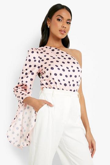 Satin Spot Print One Shoulder Bodysuit pink