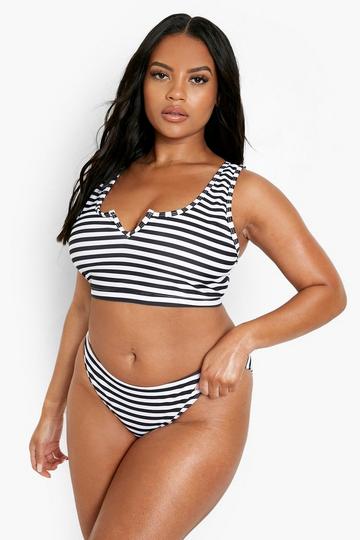 White Plus Nautical Stripe Notch Bikini Top