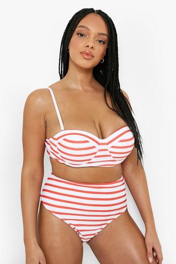 Plus Nautical Stripe High Waist Bikini Bottom red