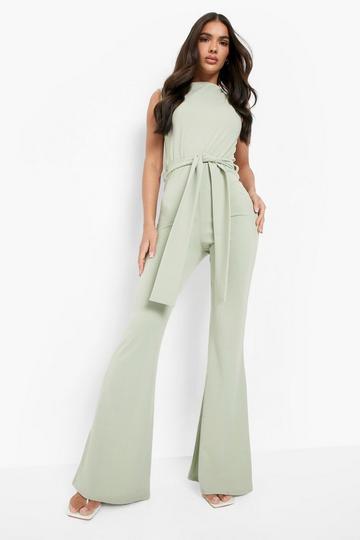 Sleeveless Tie Waist Flared Jumpsuit sage