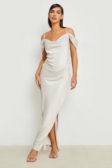 Champagne Beige Mix And Match Satin Cold Shoulder Maxi Dress