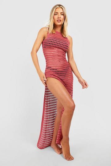 Pink Recycled Crochet Low Back Maxi Beach Dress