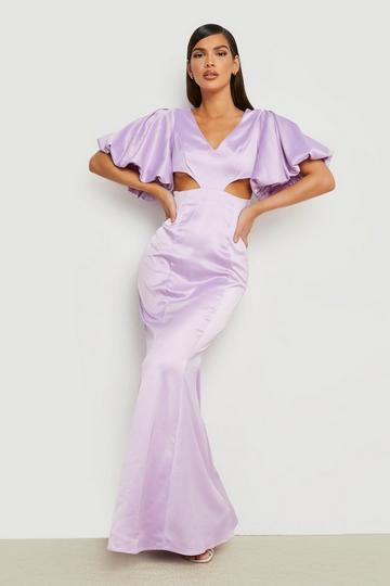 Lilac Purple Satin Extreme Puff Sleeve Cut Out Maxi Dress