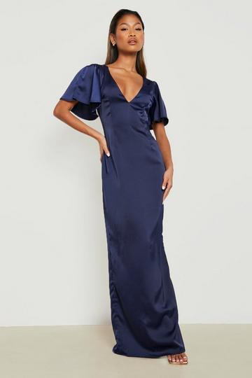 Navy Mix And Match Satin Flute Sleeve Maxi Dress