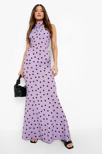 Lilac Purple Polka Dot Twist Neck Maxi Dress