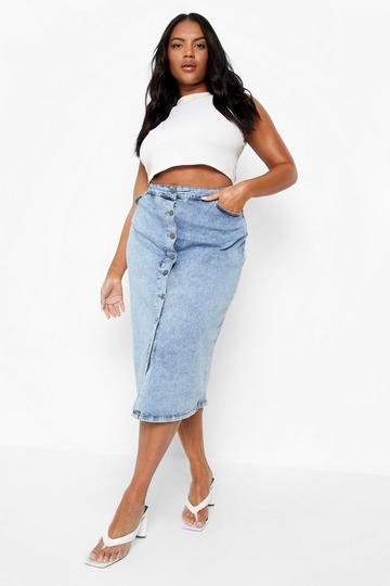 Plus Acid Wash Button Down Midi Skirt acid wash light blue