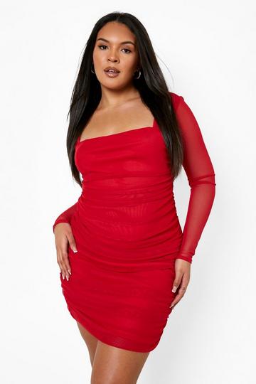 Red Plus Square Neck Ruched Mesh Bodycon Dress