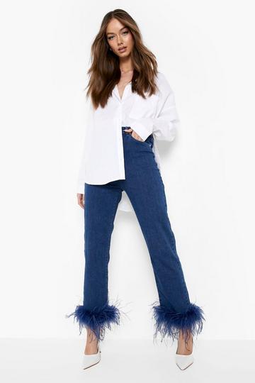 Feather Trim High Waisted Straight Leg Jeans mid blue