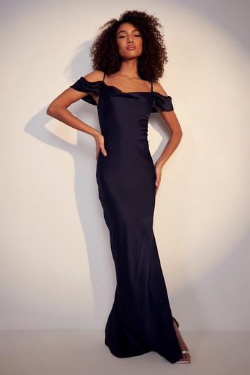 Navy Tall Satin Cold Shoulder Maxi Dress