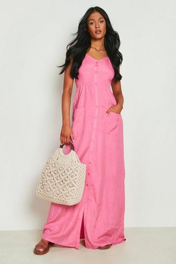 Pink Tall Button Up Pocket Linen Maxi Dress