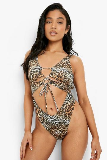 Leopard Multi Petite Animal Ruched Tie Swimsuit