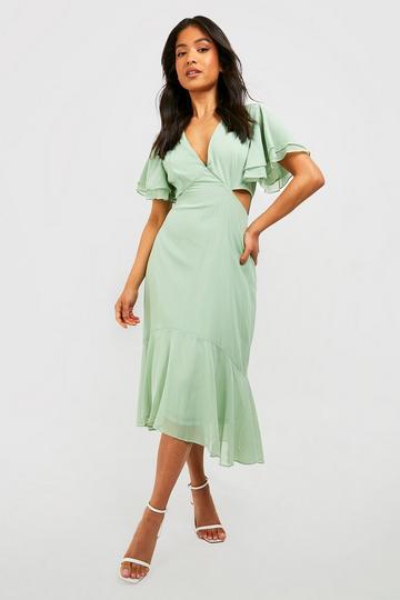 Sage Green Petite V Neck Angel Sleeve Midi Dress