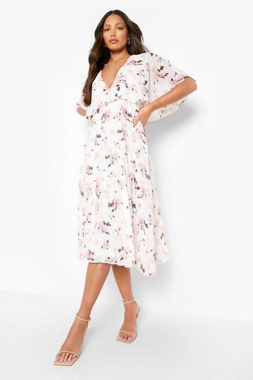 White Tall Cape Detail Pleated Occasion Midi Dress