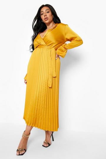 Plus Pleated Flare Sleeve Satin Wrap Dress mustard