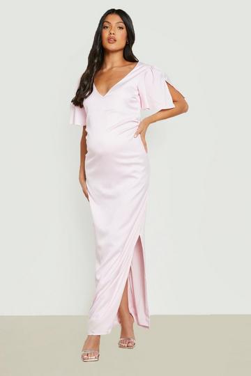Pink Maternity Satin Flute Sleeve Maxi Dress