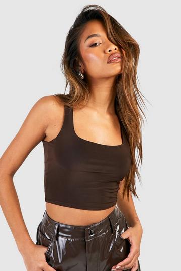 Double Layer Scoop Neck Strappy Crop Top chocolate