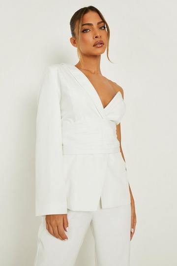 One Shoulder Belted Tailored Blazer ivory