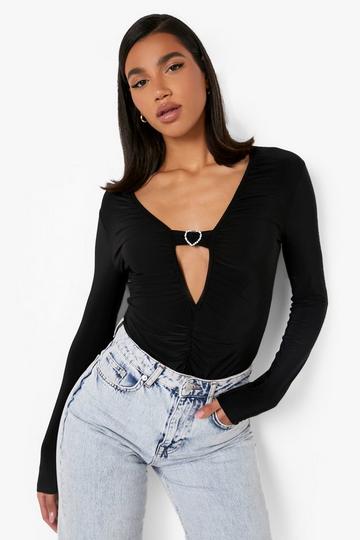 Black Heart Detail Ruched Slinky Top