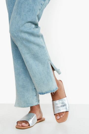 Silver Wide Fit Square Toe Metallic Croc Slider