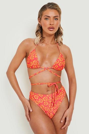 Bas de maillot de bain taille haute à imprimé fleuri tropical orange