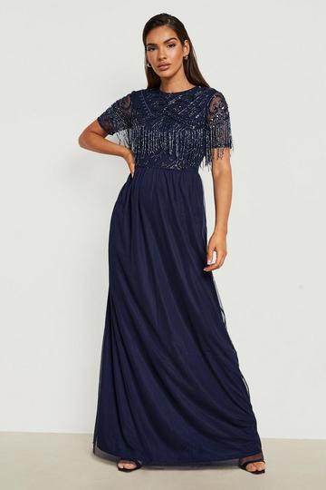 Navy Hand Embellished Sequin Fringe Maxi Dress