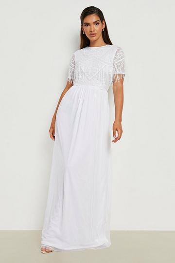 Hand Embellished Sequin Fringe Maxi Dress white