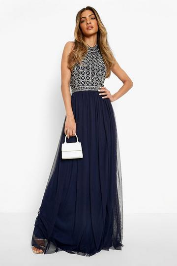 Navy Bridesmaid Hand Embellished Halter Maxi Dress