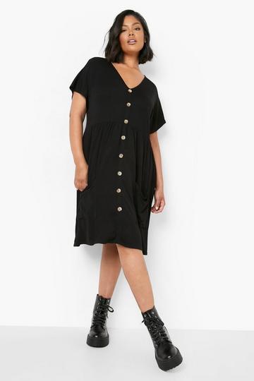 Black Plus Jersey Knit Button Down Pocket Smock Dress