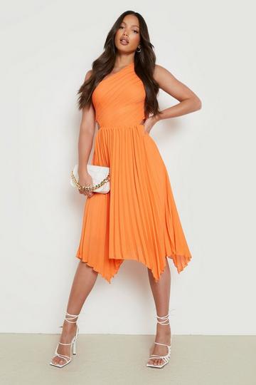 Tall One Shoulder Pleated Midi Dress orange