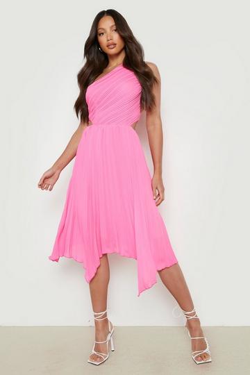 Tall One Shoulder Pleated Midi Dress pink